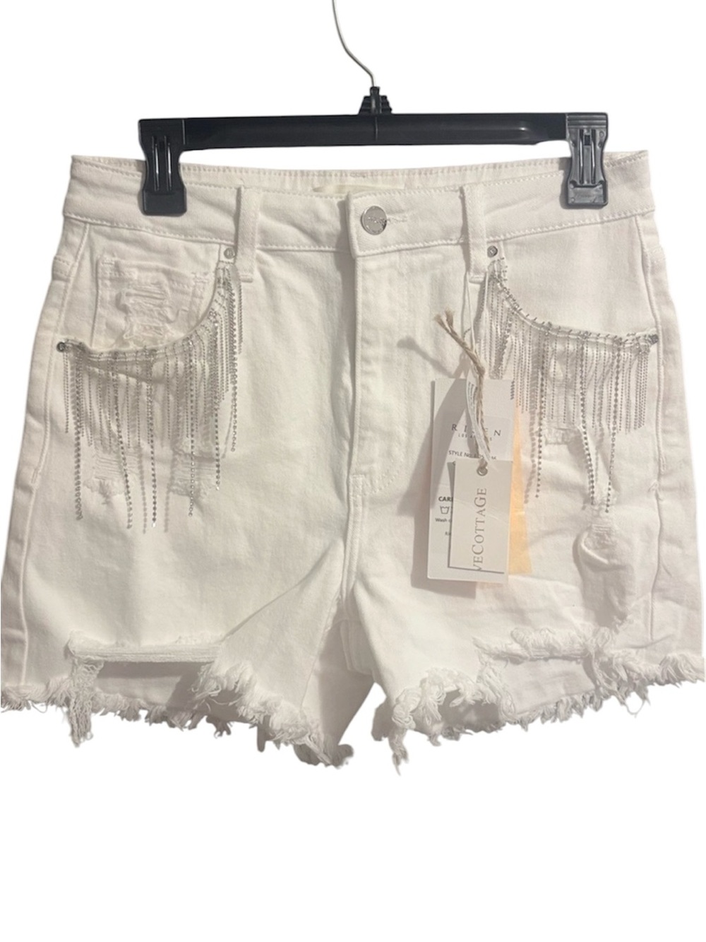 RISEN White Denim Shorts with Silver Chain and Rhinestone Fringe - Picture 4 of 9